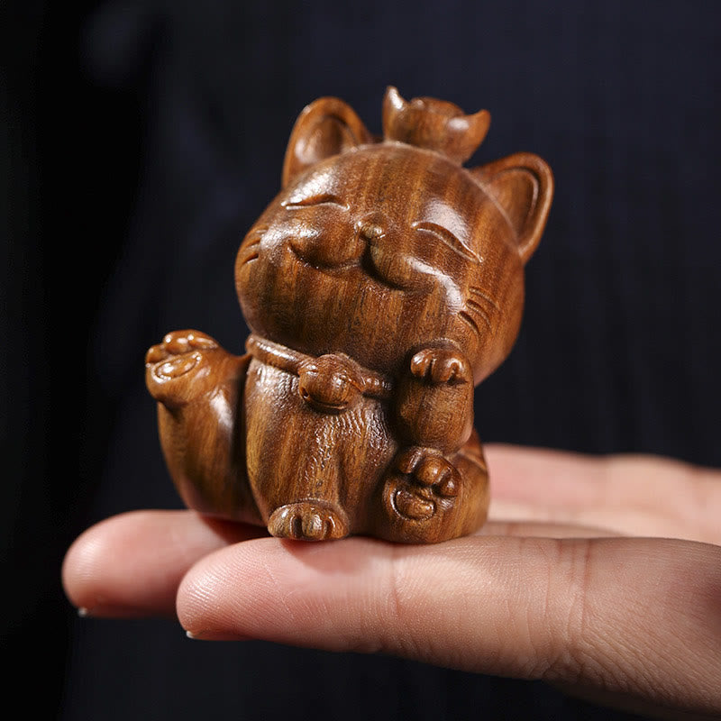 Buddha Stones Mini Green Sandalwood Ingot Lucky Cat Carved Peace Desk Decorations Decorations BS 9