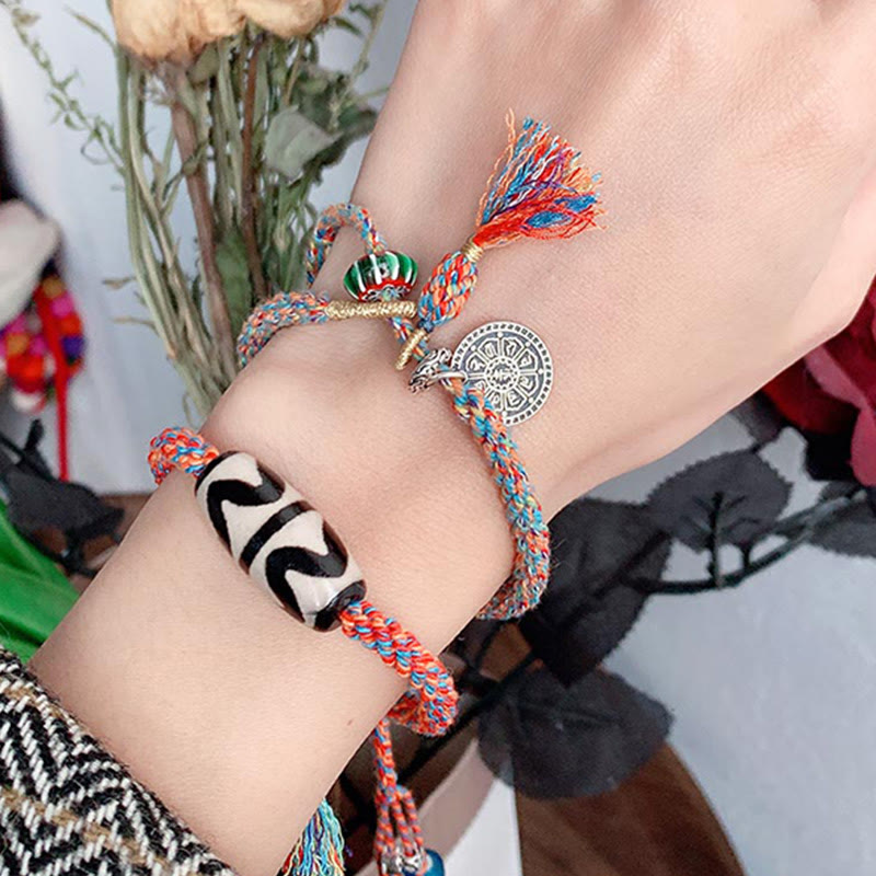 Buddha Stones Tibetan 925 Sterling Silver Om Mani Padme Hum Handmade Dzi Bead Protection Braid Bracelet Bracelet BS 7