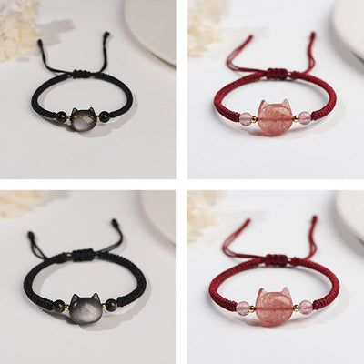 Buddha Stones Handmade Natural Silver Sheen Obsidian Strawberry Quartz Cute Cat Protection Braided Bracelet Bracelet BS 13