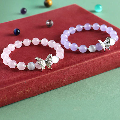 Buddha Stones Blue Chalcedony Pink Crystal Purple Chalcedony Butterfly Energy Bracelet 10