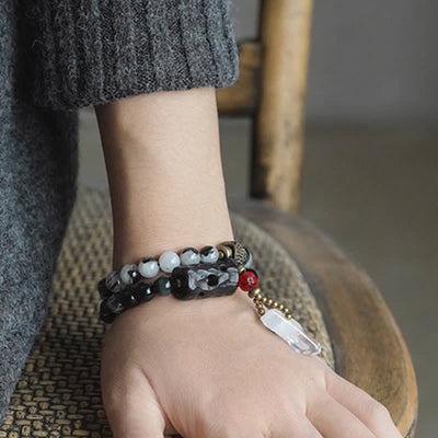 Buddha Stones Black Rutilated Quartz Ebony Wood White Crystal Success Couple Bracelet Bracelet BS 5