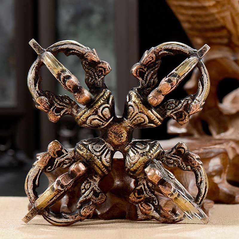 Buddha Stones Tibetan Handmade 5 Prong Double Dorje Copper Iron Thunderbolt Strength Vajra Double Dorje BS 8