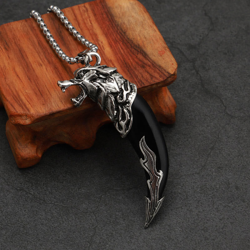 Buddha Stones Imitation Wolf Tooth Titanium Steel Balance Necklace Pendant Necklaces & Pendants BS Black Imitation Wolf Tooth Snake Bone Chain