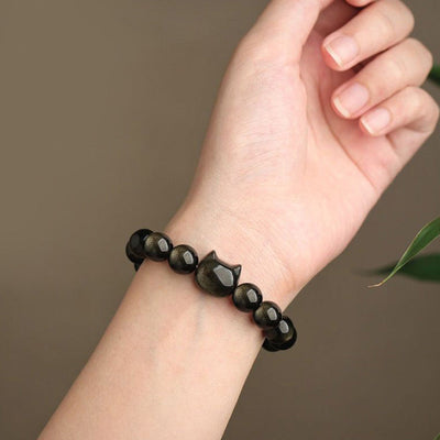 Foviel Gold Sheen Obsidian Silver Sheen Obsidian Lovely Paw Lucky Cat Protection Bracelet