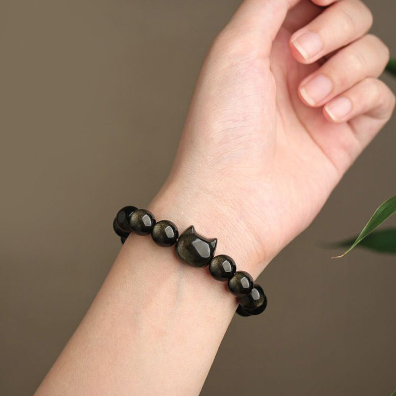 Foviel Gold Sheen Obsidian Silver Sheen Obsidian Lovely Paw Lucky Cat Protection Bracelet