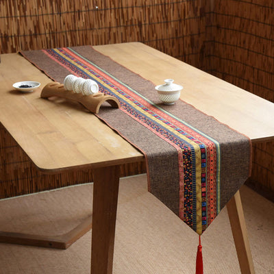 Buddha Stones Classic Chinese Style Lotus Koi Fish Flower Crane Calligraphy Enlightenment Cotton Linen Tassels Table Runner Table Runner BS 10