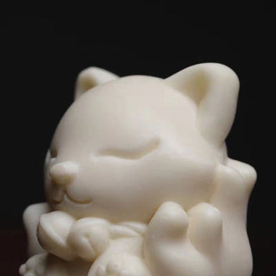 Buddha Stones Mini Nine-Tailed Fox Ivory Fruit Sandalwood Green Sandalwood Blessing Decoration Decorations BS 7