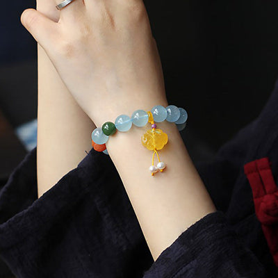 Buddha Stones Natural Aquamarine Amber Chinese Knotting Charm Peace Bracelet Bracelet BS 3