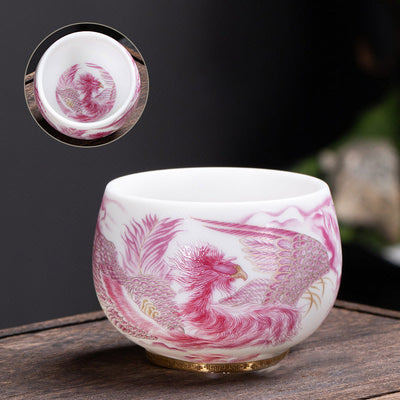 Buddha Stones Phoenix White Porcelain Ceramic Teacup Kung Fu Tea Cup 185ml With Gift Box Cup BS Rose Red Phoenix 8.5cm*6cm*185ml