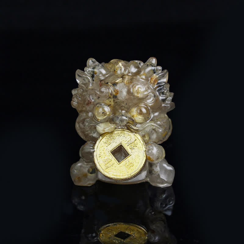 Buddha Stones Handmade Cute PiXiu Gold Coin Crystal Fengshui Energy Wealth Fortune Home Decoration Decorations BS Golden Rutilated Quartz