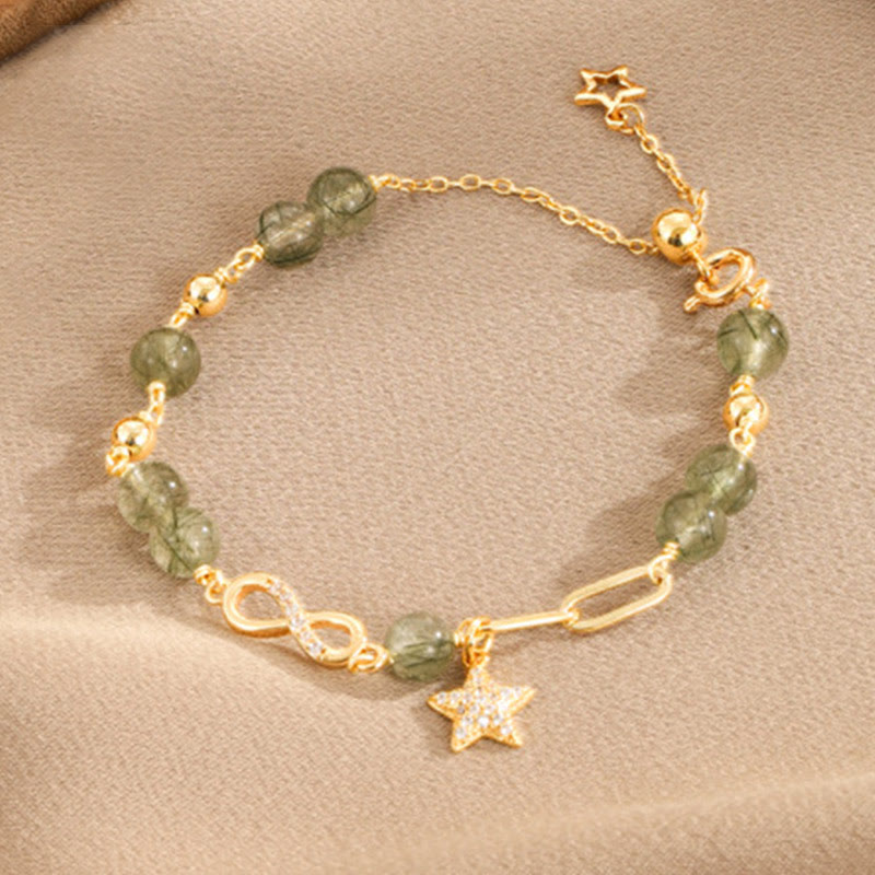 Buddha Stones 14K Gold Green Rutilated Quartz Möbius Loop Eternal Love Star Protection Bracelet Bracelet BS Light Green Rutilated Quartz(Wrist Circumference 14-15cm)