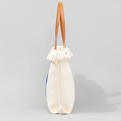 Buddha Stones Large Capacity Evil Eye Leaf Hamsa Tassel Canvas Tote Shoulder Bag Shoulder Bag BS 6