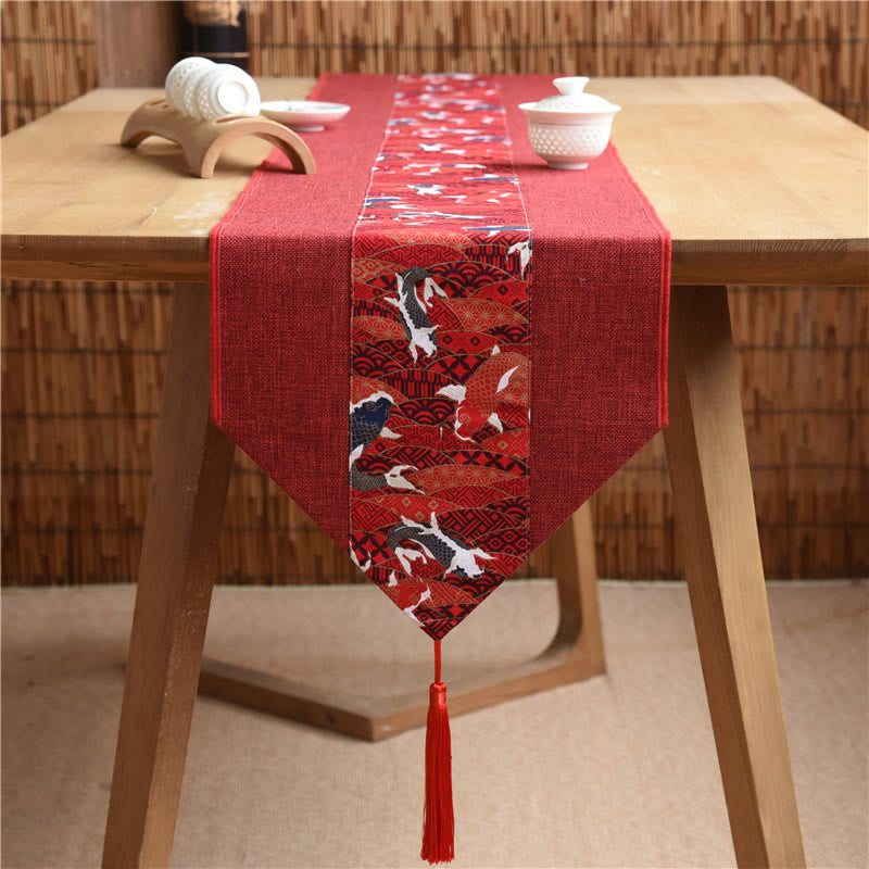 Buddha Stones Classic Chinese Style Lotus Koi Fish Flower Crane Calligraphy Enlightenment Cotton Linen Tassels Table Runner Table Runner BS Red Koi Fish 30*180cm
