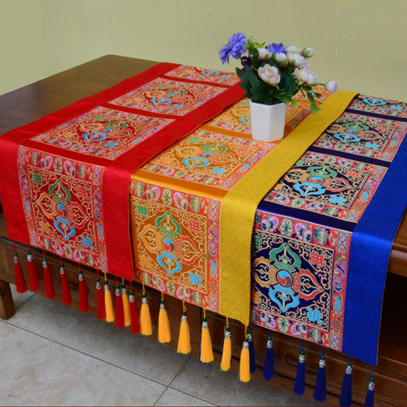 Buddha Stones Prayer Altar Mat Man-Bcu Kalachakra Endless Knot Vajra Tibetan Auspicious Symbols Tassels Table Runner Prayer Altar BS 3