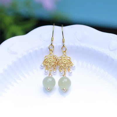 Hetian Jade Flower Pattern 14K Gold Plated Luck Drop Dangle Earrings - image 3