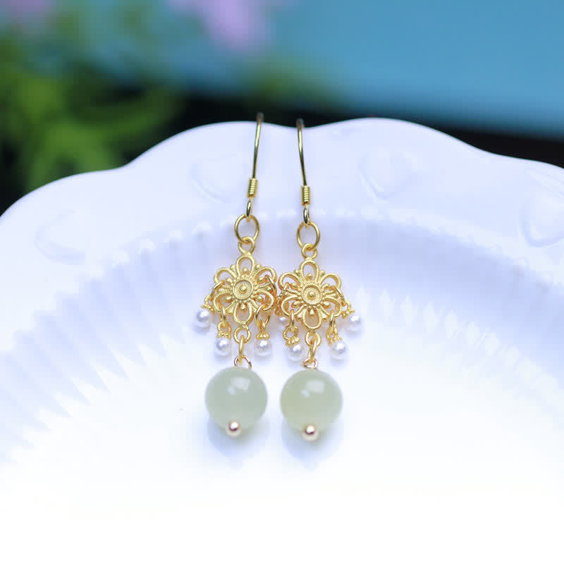 Hetian Jade Flower Pattern 14K Gold Plated Luck Drop Dangle Earrings - image 3