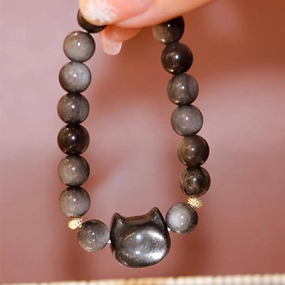 Foviel Gold Sheen Obsidian Silver Sheen Obsidian Lovely Paw Lucky Cat Protection Bracelet