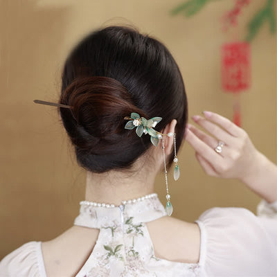 Buddha Stones Flower Leaf Pearl Peace Tassel Hairpin Hairpin BS 2