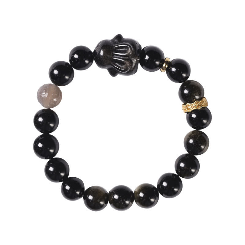 Buddha Stones Gold Sheen Obsidian Black Obsidian Silver Sheen Obsidian Cute Rabbit Protection Bracelet Bracelet BS 13