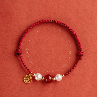 Buddha Stones 925 Sterling Silver Good Fortune Fu Character Agate Pearl Red String Braid Bracelet - image 16