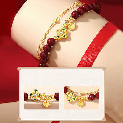Buddha Stones 925 Sterling Silver Natural Cinnabar Four Leaf Clover Flower Blessing Chain Bracelet Bracelet BS 8