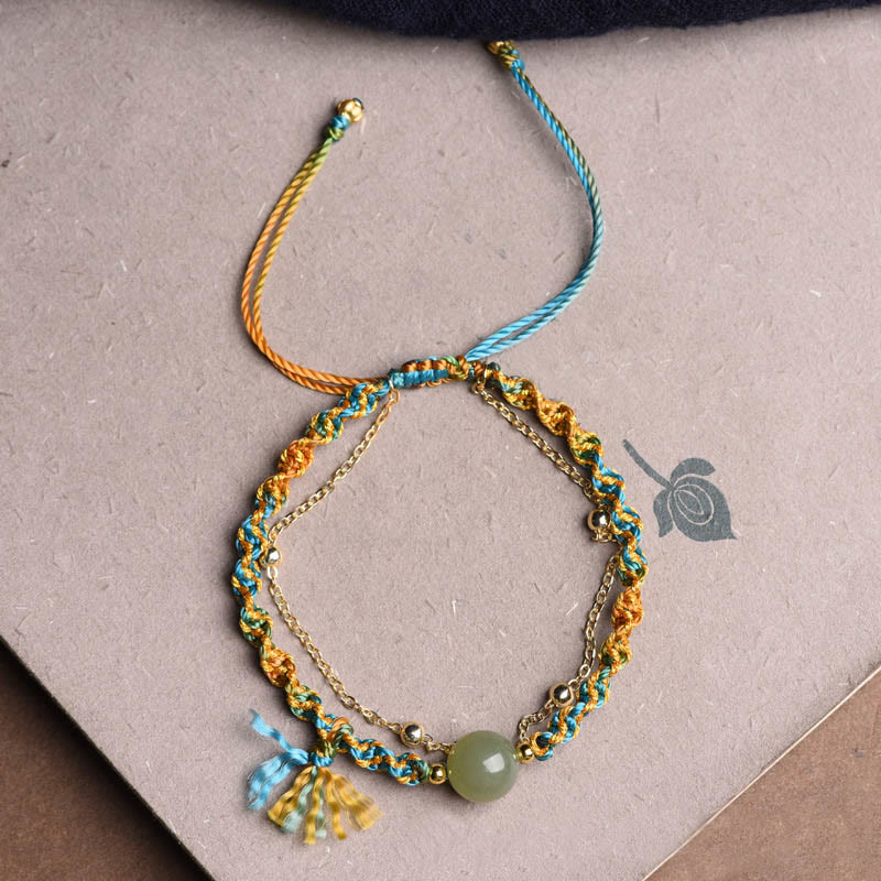 Buddha Stones Handmade Colorful Rope Luck Jade Bead Abundance Double Layer Bracelet Bracelet BS 7
