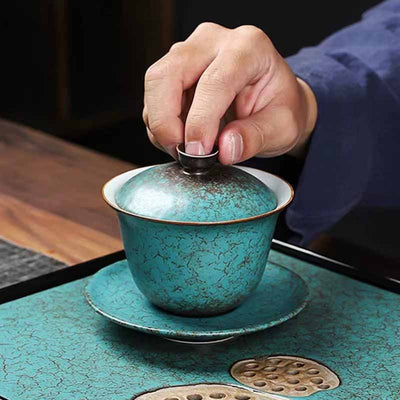Buddha Stones Traditional Pine Tree Green Ceramic Gaiwan Sancai Teacup Kung Fu Tea Cup And Saucer With Lid Cup BS 2