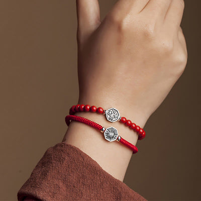 Buddha Stones 925 Sterling Silver Yin Yang Bagua Symbol Cinnabar String Concentration Bracelet Bracelet BS 6