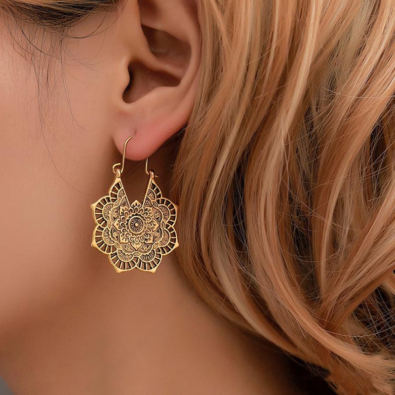 Buddha Stones Tibetan Lotus Engraving Copper Blessing Drop Earrings Earrings BS 2