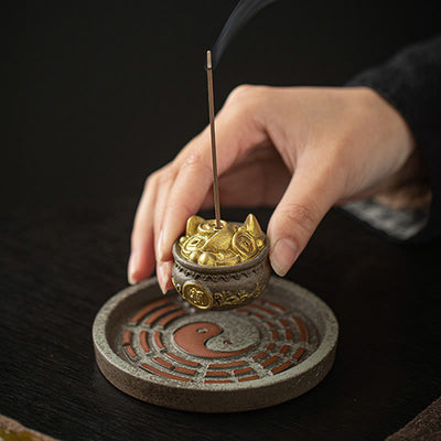 Buddha Stones Small Treasure Bowl Lucky Bag Bagua Tray Healing Ceramic Stick Incense Burner Decoration Incense Burner BS 1