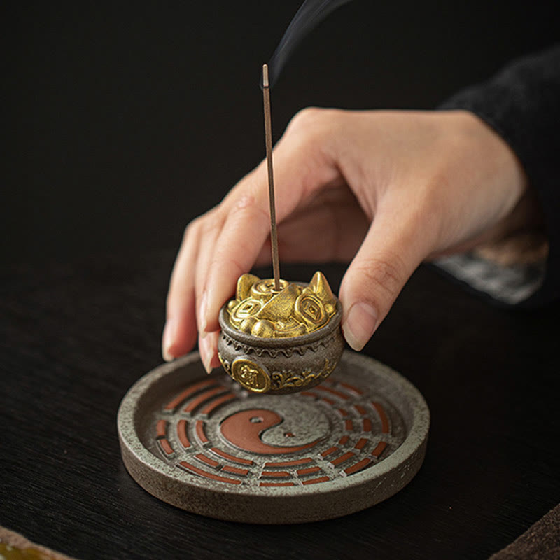 Buddha Stones Small Treasure Bowl Lucky Bag Bagua Tray Healing Ceramic Stick Incense Burner Decoration Incense Burner BS 1
