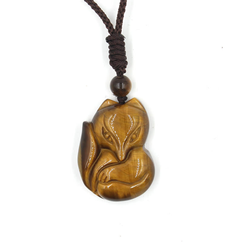 Buddha Stones Natural Black Obsidian Tiger Eye Ice Obsidian Fox Pendant Amulet Necklace Necklaces & Pendants BS Tiger Eye
