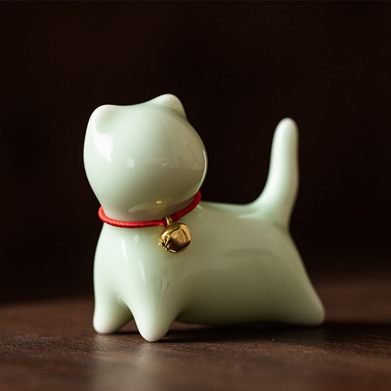 Buddha Stones Mini Small Cute Cat Tea Pet Ceramic Home Desk Figurine Decoration Decorations BS Standing Cat 5*2.5*4.5cm Green