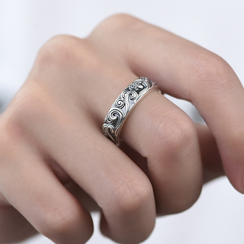 Buddha Stones 999 Sterling Silver Auspicious Clouds Engraved Blessing Adjustable Ring Ring BS 8