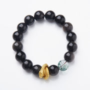 Bracelet de protection Foviel en obsidienne argentée naturelle et quartz fantôme vert