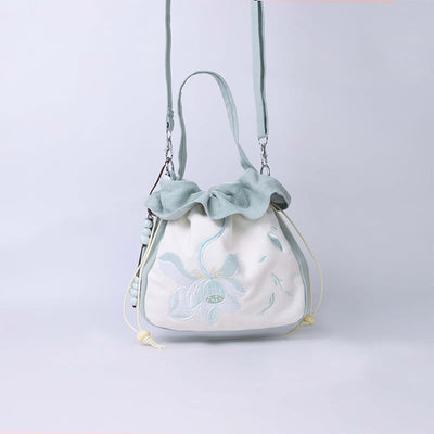 Buddha Stones Suzhou Embroidery Lotus Epiphyllum Magnolia Cotton Linen Tote Crossbody Bag Shoulder Bag Handbag Crossbody Bag BS 5
