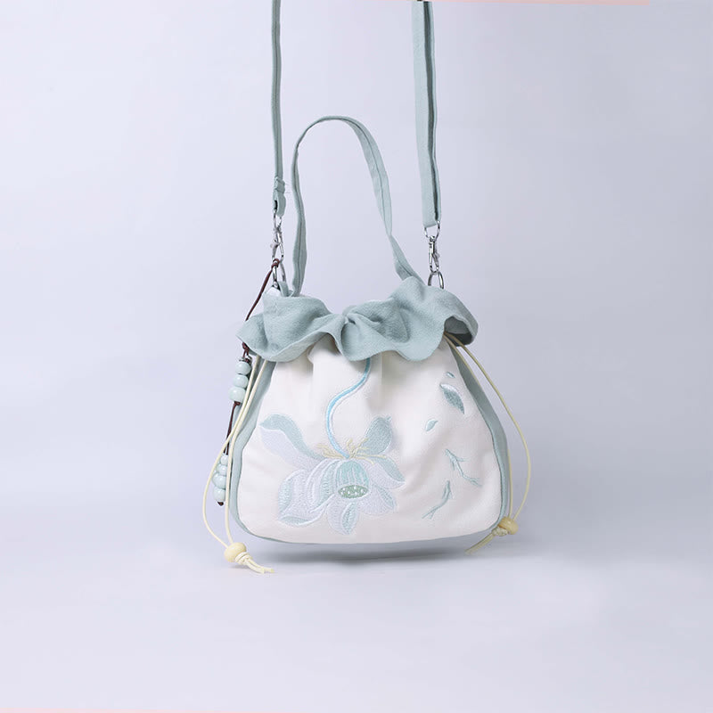 Buddha Stones Suzhou Embroidery Lotus Epiphyllum Magnolia Cotton Linen Tote Crossbody Bag Shoulder Bag Handbag Crossbody Bag BS 5