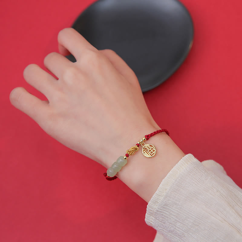 Buddha Stones Handcrafted Jade Bead Fu Character Charm Luck Red Rope Bracelet Bracelet BS 4