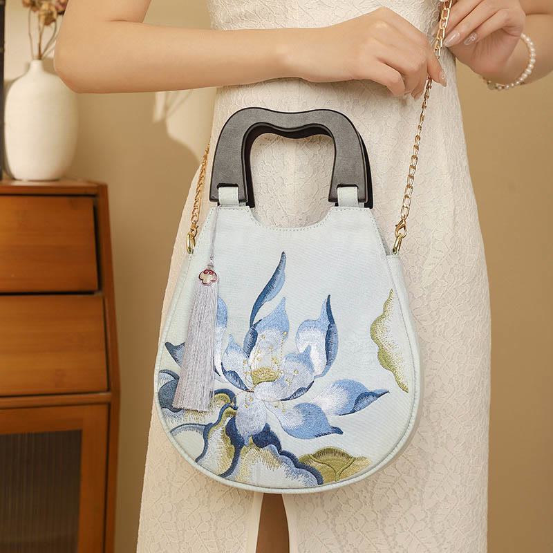 Buddha Stones Lotus Embroidery Handbag Crossbody Bag Crossbody Bag&Handbags BS Lotus Light Green 23*7*23cm