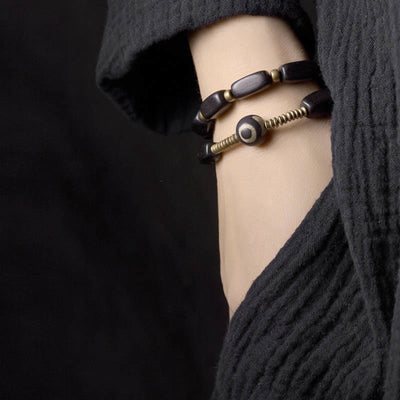 Buddha Stones Tibet Ebony Wood Dzi Bead Copper Balance Double Wrap Bracelet Bracelet BS 4