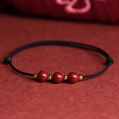 Buddha Stones Natural Lucky Cinnabar Bead Blessing String Bracelet Anklet Bracelet BS Three Cinnabar Bead Black Bracelet(Wrist Circumference 14-18cm)