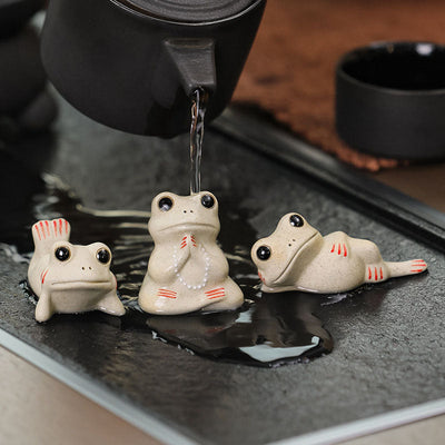 Buddha Stones Mini Small Praying Frog Ceramic Wealth Prosperity Home Tea Pet Figurine Decoration Decorations BS 3Pcs Little Frog