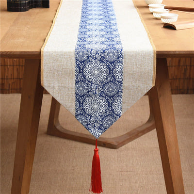 Buddha Stones Classic Chinese Style Lotus Koi Fish Flower Crane Calligraphy Enlightenment Cotton Linen Tassels Table Runner Table Runner BS Beige Blue And White Porcelain 30*180cm