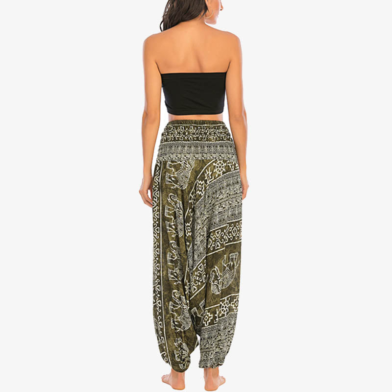 Buddha Stones Two Style Wear Elephant Pattern Loose Smocked Harem Trousers Jumpsuit Women's Yoga Pants Harem Pants&Bodysuit BS 13
