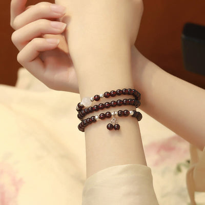 Buddha Stones 925 Sterling Silver Natural Garnet Cat Eye Protection Triple Wrap Bracelet Bracelet BS 7