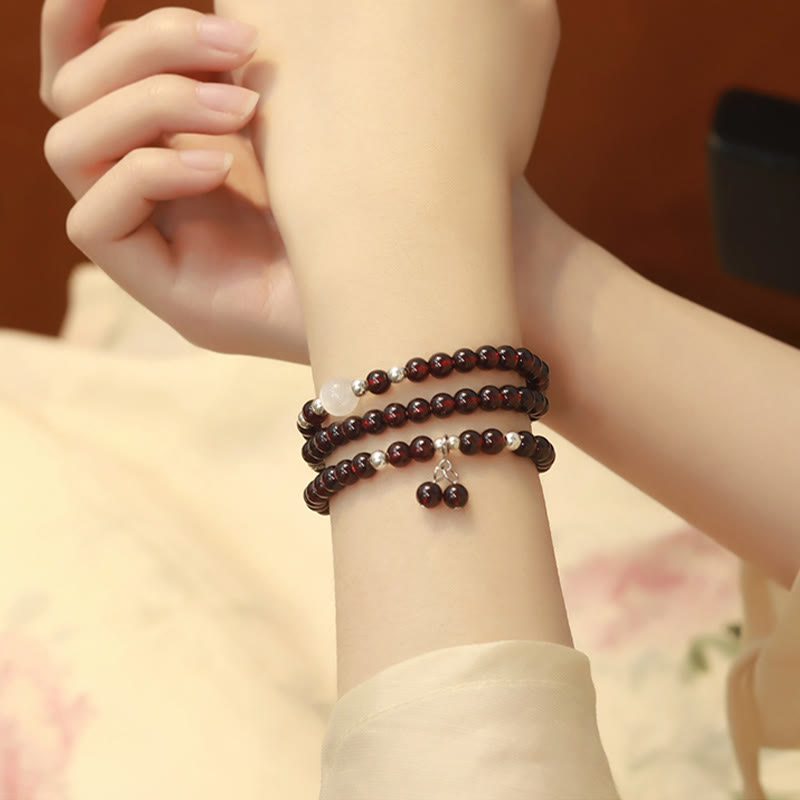 Buddha Stones 925 Sterling Silver Natural Garnet Cat Eye Protection Triple Wrap Bracelet Bracelet BS 7