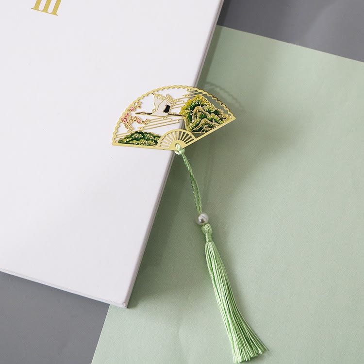 Buddha Stones Traditional Butterfly Lotus Flower Crane Dragon Phoenix Fox Koi Fish New Beginning Metal Brass Hollow Fan Bookmarks Bookmarks BS Crane Plum Flower
