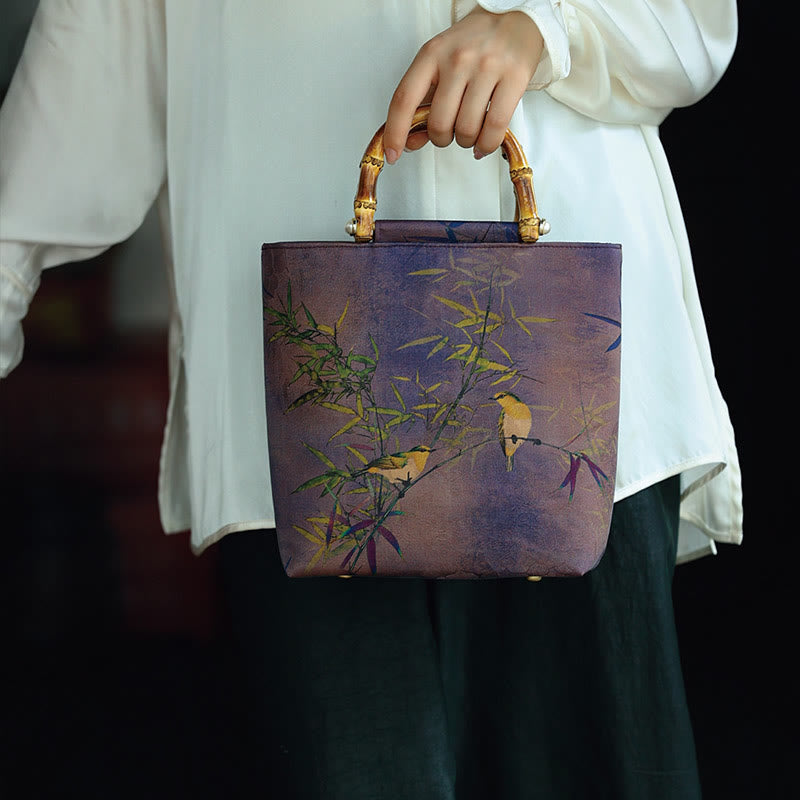 Buddha Stones Purple Magpie Birds Branches Bamboo Handles Handbag Handbags BS 11