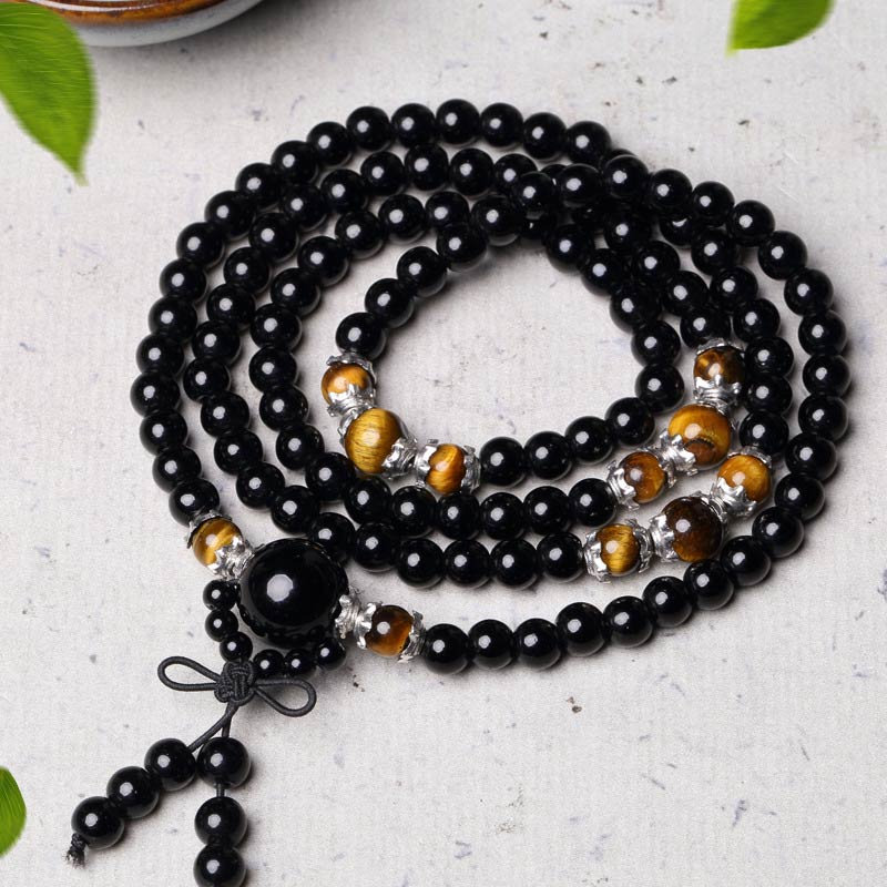 Buddha Stones 108 Beads Natural Black Obsidian Tiger Eye Mala Bracelet Mala Bracelet BS 5