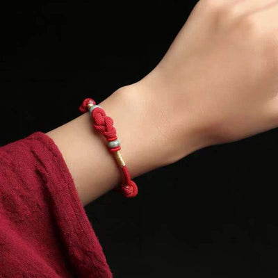 Bracelet couple tressé Foviel à nœud chinois en jade et fil rouge porte-bonheur